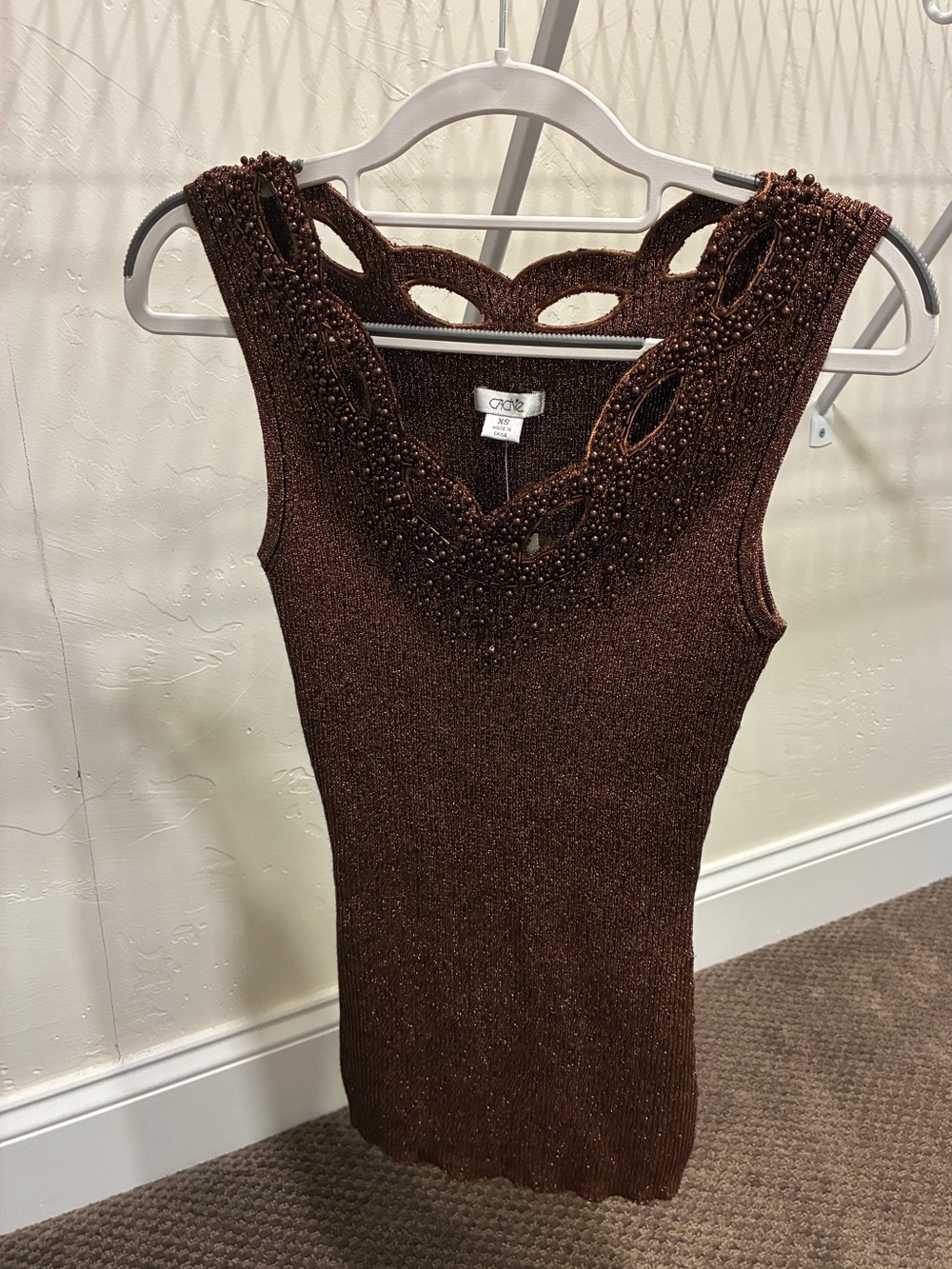 Brown Beaded Knit Top